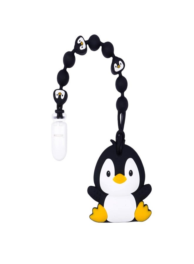 AmazingM Cute Animal Baby Food Grade Silicone Teether Toy with One Piece Design Pacifier Clip Holder,Teething Pain Relief Toys Gift Set for 3 Months+ Boys and Girls,Freezer Safe,BPA Free (Penguin) - Image 1